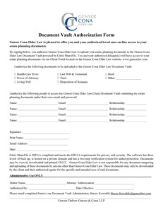 Cona Elder Law's document vault authorization form
