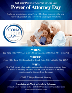 Power of attorney day flyer for an event held at Cona Elder Law
